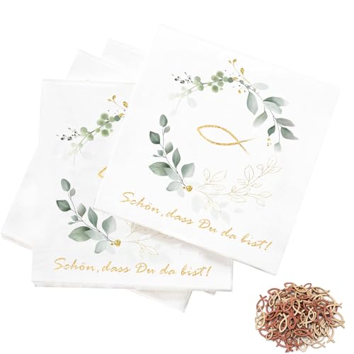 60 Stücke Holz Fische Deko und 40 Servietten Fisch um Eukalyptus weiß als Tischdeko, 'Schön,DASS du da bist!',3-lagig,33x33cm,für jungen und Mädchen Konfirmation Kommunion Taufe (40 Eukalyptus) von ANYUNKEY