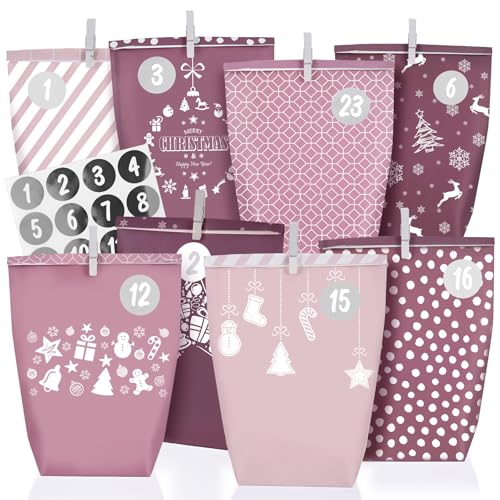 Adventskalender Tüten zum Befüllen 2025, Weihnachtskalender Papiertüten zum Selber Basteln, rosa Stil, 24 XXL Geschenktüten für Kinder frauen mädchen,Wiederverwendbar von ANYUNKEY