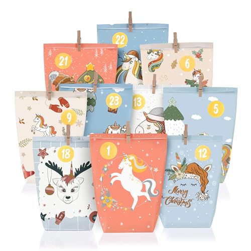 Adventskalender tüten zum Befüllen 2025, 24 bedruckte Geschenktüten,Motiv mehrfarbig Einhorn,papiertüten für Kinder Junge und mädchen, Wiederverwendbar von ANYUNKEY