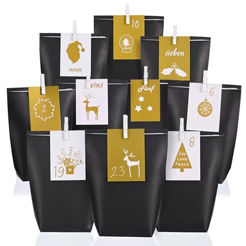 Adventskalender tüten zum Befüllen 2025-24 Schwarze Papiertüten XXL (22x16x6cm) mit Zahlenkarten & Holzklammern - Weihnachtskalender für Kinder Junge und Männer, Wiederverwendbar von ANYUNKEY