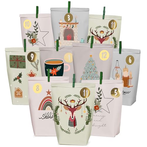 Adventskalender zum Befüllen, 24 Weihnachtskalender Papiertüten, Advents tüten mit Zahlenaufkleber und Klammern,Scandinavian style - zum Basteln und Verschenken von ANYUNKEY