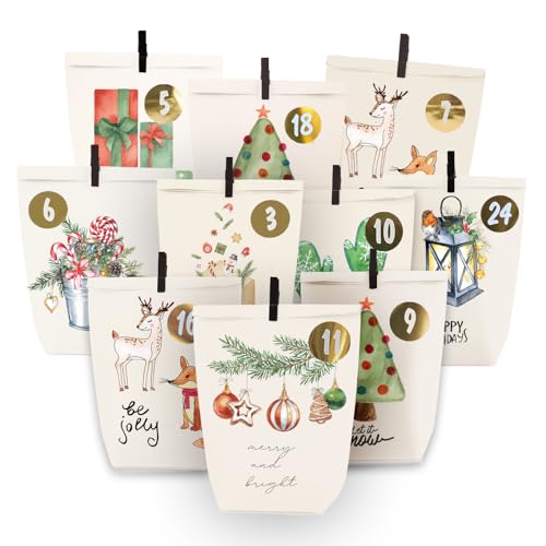 Adventskalender zum Befüllen, 24 Weihnachtskalender Papiertüten zum Selber Basteln, DIY Geschenktüten zum selbst füllen, Weißer Aquarellstil motiv, Kraftpapiertüten Advents Tüten Selbstbefüllen Adventskalender zum Befüllen, 24 Weihnachtskalender Papiertüten zum Selber Basteln, DIY Geschenktüten zum selbst füllen, Weißer Aquarellstil motiv, Kraftpapiertüten Advents Tüten Selbstbefüllen von ANYUNKEY