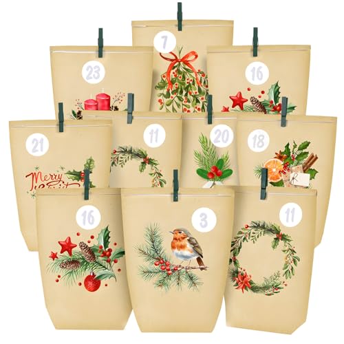 Adventskalender zum Befüllen 2025,Vintage Aquarell-DESIGN,Papiertüten groß (22x16x6cm) zum Selber füllen,Weihnachtskalender tüten für Kinder Junge und Mädchen, Wiederverwendbar von ANYUNKEY