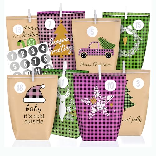 Adventskalender zum Befüllen 2025-24 KARO-DESIGN Papiertüten groß (22x16x6cm) zum Selber füllen - Weihnachtskalender tüten für Kinder Junge und Mädchen, Wiederverwendbar von ANYUNKEY