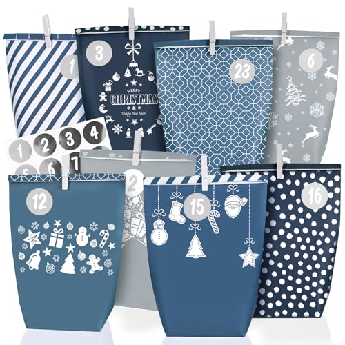 Adventskalender zum Befüllen 2025-24 blau-grauen Papiertüten groß (22x16x6cm) zum Selber füllen - Weihnachtskalender tüten für Kinder Junge und Männer, Wiederverwendbar von ANYUNKEY