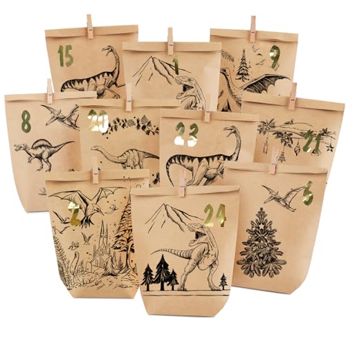 Adventskalender 2023 zum befüllen groß, Geschenk Papiertueten Zum Selber Befüllen Basteln dinosaurier Advents Tüten, DIY Weihnachtskalender zum Basteln für Kinder Junge und Mädchen von ANYUNKEY