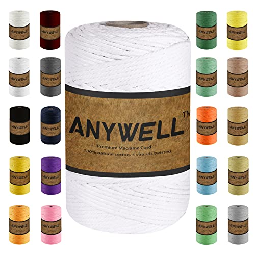 ANYWELL 3-6mm Weiß Makramee Garn 4mm x 218yards, Baumwollgarn Naturliches Baumwollkordel Baumwolle Garn Basteln für DIY Handwerk Basteln Wand Aufhängung Pflanze Aufhänger (weiß, 4mm x 218yards) von ANYWELL