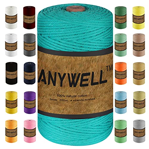 ANYWELL Achatgrün Makramee Garn 3mm x 218yards, Corde Makramee, farbiges Makramee-Seil, Baumwollschnur, handgefertigtes, weiches 4-strängiges gedrehtes Baumwollseil, Wandbehang, Pflanzenaufhänger ANYWELL Achatgrün Makramee Garn 3mm x 218yards, Corde Makramee, farbiges Makramee-Seil, Baumwollschnur, handgefertigtes, weiches 4-strängiges gedrehtes Baumwollseil, Wandbehang, Pflanzenaufhänger von ANYWELL