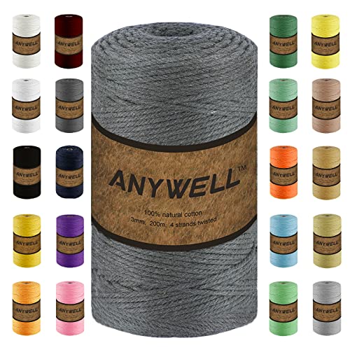 ANYWELL Dunkelgrau Makramee Garn 3mm x 218yards,Baumwollgarn Naturliches Baumwollkordel Baumwolle Garn Basteln für DIY Handwerk Basteln Wand Aufhängung Pflanze Aufhänger ANYWELL Dunkelgrau Makramee Garn 3mm x 218yards,Baumwollgarn Naturliches Baumwollkordel Baumwolle Garn Basteln für DIY Handwerk Basteln Wand Aufhängung Pflanze Aufhänger von ANYWELL