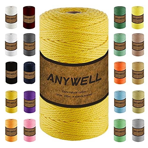 ANYWELL Gelb Makramee Garn 3mm x 218yards, Corde Makramee, farbiges Makramee-Seil, Baumwollschnur, handgefertigtes, weiches 4-strängiges gedrehtes Baumwollseil, Wandbehang, Pflanzenaufhänger ANYWELL Gelb Makramee Garn 3mm x 218yards, Corde Makramee, farbiges Makramee-Seil, Baumwollschnur, handgefertigtes, weiches 4-strängiges gedrehtes Baumwollseil, Wandbehang, Pflanzenaufhänger von ANYWELL