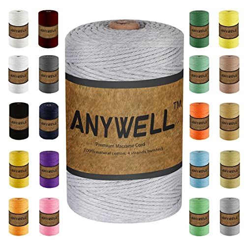 ANYWELL Makramee-Schnur, 3 mm x 200 m, Corde-Makramee, nicht gefärbt, handgefertigt, weich, 4-strängig, gedrehtes Makramee-Baumwollseil, Wandbehang, Pflanzenaufhänger, DIY, Basteln, Stricken, Hellgrau ANYWELL Makramee-Schnur, 3 mm x 200 m, Corde-Makramee, nicht gefärbt, handgefertigt, weich, 4-strängig, gedrehtes Makramee-Baumwollseil, Wandbehang, Pflanzenaufhänger, DIY, Basteln, Stricken, Hellgrau von ANYWELL