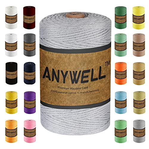 ANYWELL Makramee-Schnur, 3 mm x 200 m, Corde-Makramee, nicht gefärbt, handgefertigt, weich, 4-strängig, gedrehtes Makramee-Baumwollseil, Wandbehang, Pflanzenaufhänger, DIY, Basteln, Stricken, Hellgrau von ANYWELL