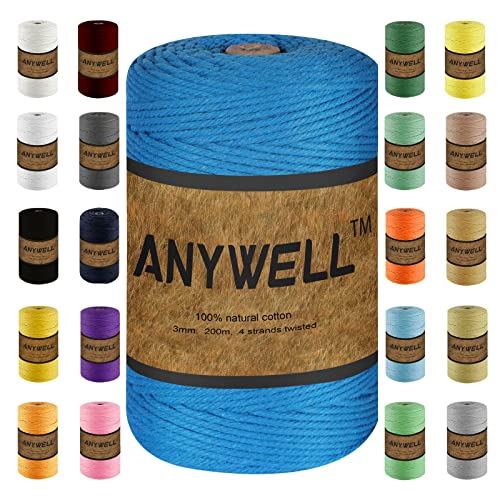 ANYWELL Pfauenblau Makramee Garn 3mm x 218yards, Corde Makramee, farbiges Makramee-Seil, Baumwollschnur, handgefertigtes, weiches 4-strängiges gedrehtes Baumwollseil, Wandbehang, Pflanzenaufhänger ANYWELL Pfauenblau Makramee Garn 3mm x 218yards, Corde Makramee, farbiges Makramee-Seil, Baumwollschnur, handgefertigtes, weiches 4-strängiges gedrehtes Baumwollseil, Wandbehang, Pflanzenaufhänger von ANYWELL