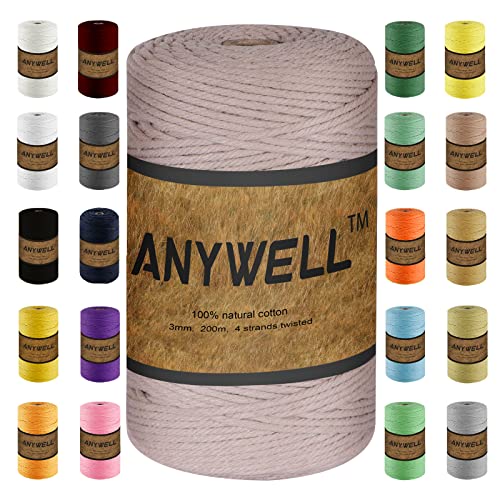 ANYWELL RosaMakramee Garn 3mm x 218yards, Corde Makramee, farbiges Makramee-Seil, Baumwollschnur, handgefertigtes, weiches 4-strängiges gedrehtes Baumwollseil, Wandbehang, Pflanzenaufhänger ANYWELL RosaMakramee Garn 3mm x 218yards, Corde Makramee, farbiges Makramee-Seil, Baumwollschnur, handgefertigtes, weiches 4-strängiges gedrehtes Baumwollseil, Wandbehang, Pflanzenaufhänger von ANYWELL