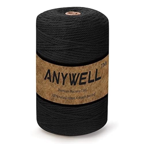 ANYWELL Schwarz Makramee Garn 4mm x 218yards, Corde Makramee, farbiges Makramee-Seil, Baumwollschnur, handgefertigtes, weiches 4-strängiges gedrehtes Baumwollseil, Wandbehang, Pflanzenaufhänger ANYWELL Schwarz Makramee Garn 4mm x 218yards, Corde Makramee, farbiges Makramee-Seil, Baumwollschnur, handgefertigtes, weiches 4-strängiges gedrehtes Baumwollseil, Wandbehang, Pflanzenaufhänger von ANYWELL