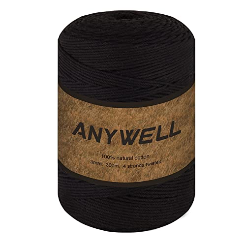 ANYWELL Schwarze Makramee Garn 3mm x 327yards, Corde Makramee, farbiges Makramee-Seil, Baumwollschnur, handgefertigtes, weiches 4-strängiges gedrehtes Baumwollseil, Wandbehang, Pflanzenaufhänger ANYWELL Schwarze Makramee Garn 3mm x 327yards, Corde Makramee, farbiges Makramee-Seil, Baumwollschnur, handgefertigtes, weiches 4-strängiges gedrehtes Baumwollseil, Wandbehang, Pflanzenaufhänger von ANYWELL