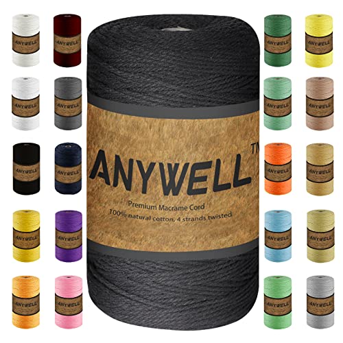 ANYWELL Schwarze Makramee-Schnur, 2 mmx327 m, Baumwollschnur, Makramee-Seil, Corde-Makramee, nicht gefärbt, handgefertigt, weich, 4-strängig, gedrehtes Baumwollseil, Wandbehang, DIY-Basteln, Stricken ANYWELL Schwarze Makramee-Schnur, 2 mmx327 m, Baumwollschnur, Makramee-Seil, Corde-Makramee, nicht gefärbt, handgefertigt, weich, 4-strängig, gedrehtes Baumwollseil, Wandbehang, DIY-Basteln, Stricken von ANYWELL