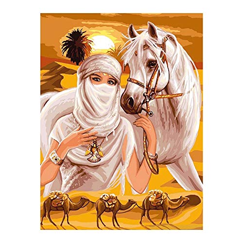 ANnjab Arabische Frau Weißes Pferd Wüste Kamel Diamant Gemälde Porträt Tier Platz Volldiamant DIY Mosaik Stickerei 5D Kreuzstich 40x50cm von ANnjab
