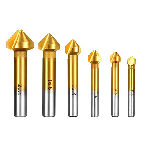 Kegelsenker Bohrer-Set, HSS 4241 90 ° titaniumbeschichtet, mit drei Rillen, für Holz und weiches Metall, 6 Stück Fasenfräser inkl. Lochbohrer 6,3–20,5 mm von Aobetak Kegelsenker Bohrer-Set, HSS 4241 90 ° titaniumbeschichtet, mit drei Rillen, für Holz und weiches Metall, 6 Stück Fasenfräser inkl. Lochbohrer 6,3–20,5 mm von Aobetak von AOBETAK