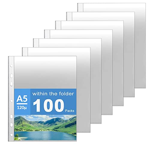 AOBOPLE 100 Stück Klarsicht Aktenhüllen, Prospekthüllen DIN-A5, 120µ Kunststoff Klarsichthüllen A5, Glasklar Fotohüllen für Aufbewahrung von Papier, Akten & Dokumenten von AOBOPLE