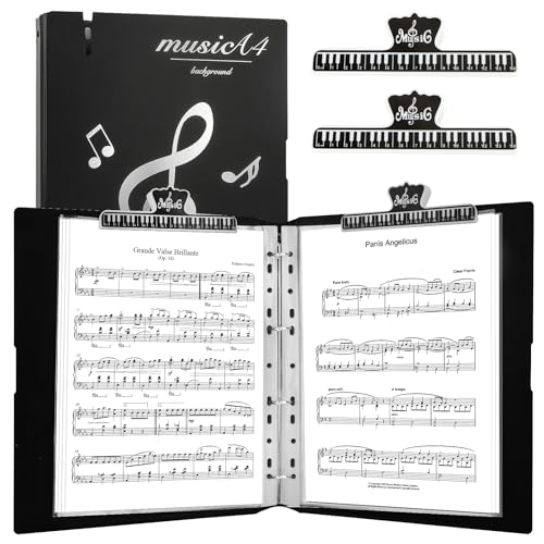 AOBOPLE Notenmappen A4,100 Tasche Chormappen Schwarz Notenordner Mappe für Notenblätter,Music Sheet Folder mit 2 Notenheftklammern Musiknote Mappe Ringbuch (Schwarz) von AOBOPLE