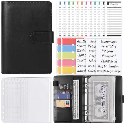 AOFITEE Budget Planner Deutsch, A6 Geld Organizer Budgetplaner Kunstleder Ringbuch, 2024 Geld Organizer Budget Planer mit 12 Binder Taschen, Geld Sparen Challenge Budget Binder Sparchallenge von AOFITEE