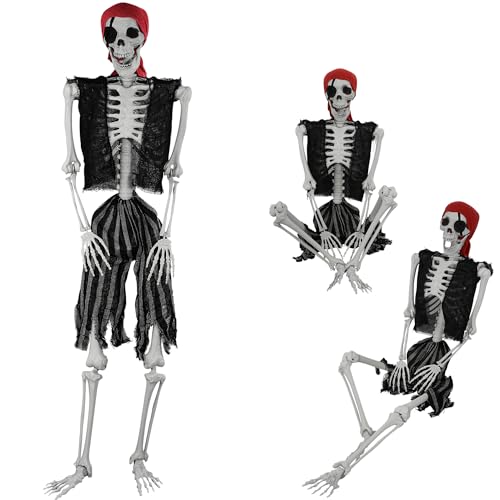 AOFOX 165cm Halloween lebensgroßes Skelett Ganzkörper menschliche Knochen mit beweglichen Gelenken für Party Requisiten Gruseliger Friedhof Geisterhaus Rasen Garten Dekoration (Pirat) von AOFOX