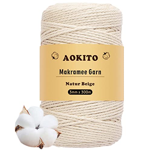 AOKITO Premium Makramee Garn Natur - 3mm x 300m Baumwollgarn für DIY Handwerk, Weben & Hängepflanzen - Natürlich, Umweltfreundlich & Langlebig, Beige, (MX-MS) von AOKITO