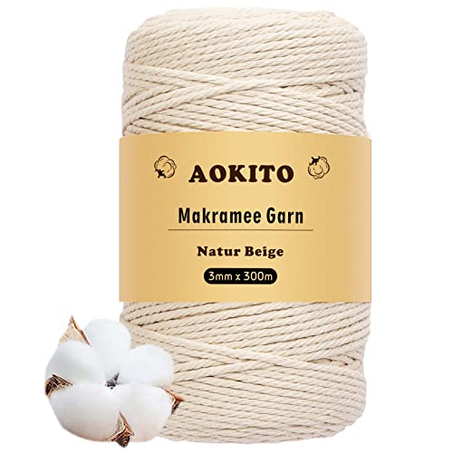 AOKITO Premium Makramee Garn, 3mm x 300m Makramee Baumwollgarn, Makramee Schnur für DIY Handwerk, Weben & Hängepflanzen - Natürlich, Umweltfreundlich & Langlebig, Beige von AOKITO