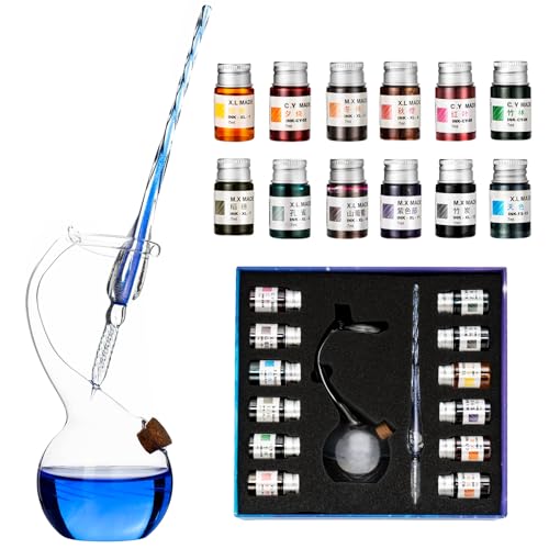 AOKUY Glas Dip Pen Set, 12 Farben Tinte, Stifthalter, 1 Stück Kristallglas Stift für Kunst schreiben Zeichnung Signaturen Dekoration AOKUY Glas Dip Pen Set, 12 Farben Tinte, Stifthalter, 1 Stück Kristallglas Stift für Kunst schreiben Zeichnung Signaturen Dekoration von AOKUY