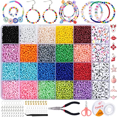 AOLLEN 9600 Stück 3 mm Perlen zum Auffädeln, 20 Farben Glasperlen Perlen Set für Armbänder, Ketten und Ringe Mit 240 Stück Alphabet Buchstabe Perlen für Schmuck machen und Handwerk von AOLLEN