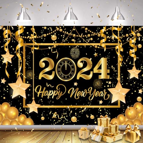 AOLOA 2024 Neujahr Banner, Extra Große 2024 Happy New Year Banner, Schwarz Gold 2024 Silvester Deko, Neues Jahr Schild Poster Hintergrund Dekorationen für Neujahrsdeko Silvesterparty Drinnen Draußen von AOLOA