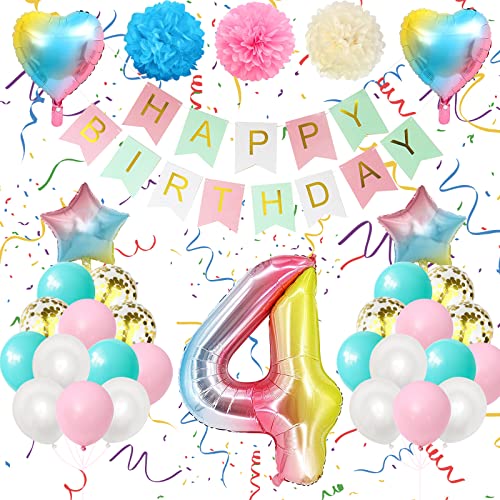 AOLOA 4. Geburtstag Deko Mädchen - 4. Regenbogen Geburtstagsdeko, Zahl 4. Luftballon Geburtstag Dekoration, Ballon 4. Partydekoration mit Happy Birthday Banner für Mädchen Geburtstag Party von AOLOA