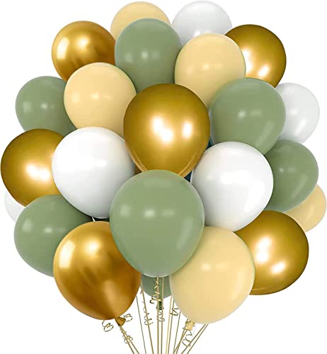 AOLOA Grün Gold Luftballons - 60 Stück 12 Zoll Retro Grüne Weiß Latex Ballons mit Bändern Set für Abschlussfeier, Geburtstag, Babyparty, Safari Dschungel Party, St.Patrick's Deko von AOLOA