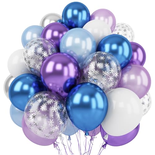 Luftballons Frozen, 60 Stück 12 Zoll Blau Weiß Silber Lila Metallic Latex Ballons Schneeflocke Konfetti Ballons mit Bändern für Winter Wonderland, Weihnachten, Babyparty, Geburtstag von AOLOA