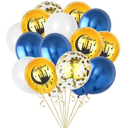 AOLOA Eid Mubarak Luftballon Dekoration - 60 Stück 12 Zoll Muslimische Eid Ramadan Deko Metallic Blau Gold Konfetti Latex Ballons mit Band Moon Stern Ballons für Islam Muslim Party von AOLOA