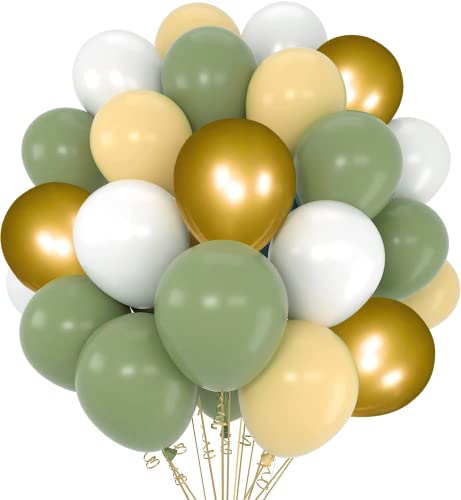AOLOA Grün-Gold-Ballon-Set – 60 Stück, 30,5 cm, salbeigrün, weiß, Latex-Luftballons, Retro-Ballons mit Bändern, für Abschlussfeier, Geburtstag, Babyparty, Dschungel-Party-Dekorationen von AOLOA