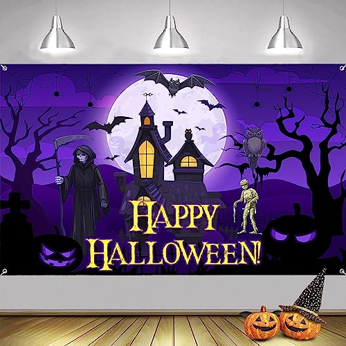 AOLOA Halloween Banner, Extra Große Halloween Banner, Schwarz Lila Happy Halloween Dekoration, Drinnen Draußen Deko Halloween Photo Booth Banner Zeichen für Halloween Home Decor Supplies von AOLOA