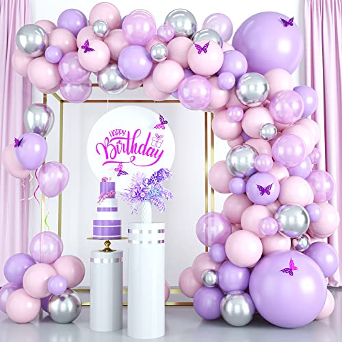 Rosa Lila Luftballons Girlande, Macaron Lila Rosa Luftballons Pastell Lavendel Metallic Silber Ballon mit 8 Stück Schmetterlingen für Frauen Mädchen Geburtstag Partydeko Violett, Babyparty, Hochzeit von AOLOA