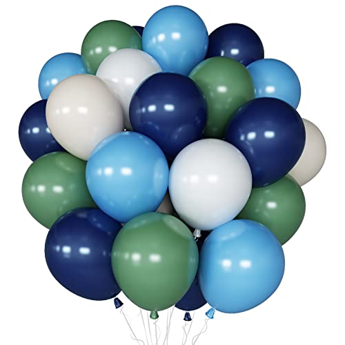 Luftballons Blau Grün, 60 Stück 12 Zoll Navy Blau Grün Weiß Latex Ballons mit Bändern Set für Kinder Junge Babyparty, Geburtstag, Safari Party Dekoration, Hochzeit, Dinosaurier Thema Party von AOLOA