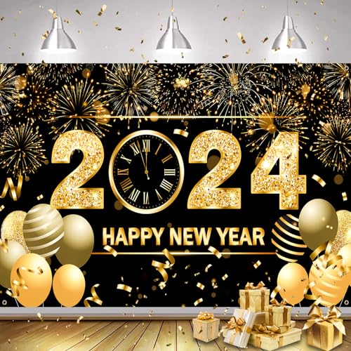 AOLOA 2024 Neujahr Banner, Extra Große Silvester Banner Deko 2024 Dekoration, Schwarz Gold Happy New Year Hintergrund Banner, Frohes Neues Jahr Banner für Neujahrsdeko, Silvester Party von AOLOA