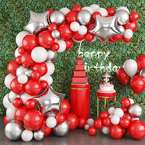 AOLOA Rot Silber Luftballons Girlande - 99 Stück Rot Weiß Metallic Silber Latex Ballons Rot Geburtstagsdeko Stern Folienballon für Valentinstag, Geburtstag, Hochzeit, Babyparty Dekoration von AOLOA