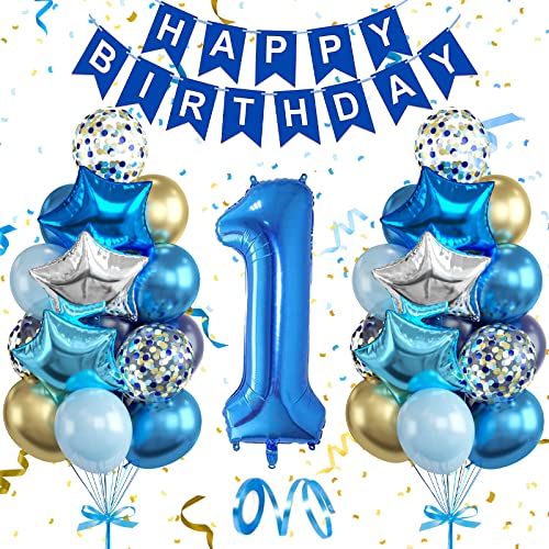 Luftballon 1. Geburtstag Blau Gold, Geburtstagsdeko Jungen 1 Jahr, Deko 1. Geburtstag Junge Dekoration, Folienballon 1 Zahl Geburtstag, Blau Happy Birthday Kindergeburtstag Deko von AOLOA