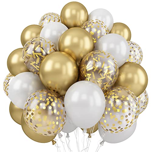 Luftballons Gold Weiß, 60 Stück 12 Zoll Metallic Gold Weiss Balloon mit Gold Konfetti Balloon für Ramadan, Geburtstag, Babyparty, Hochzeit, Abschlussfeier, Silvester Party Dekoration von AOLOA