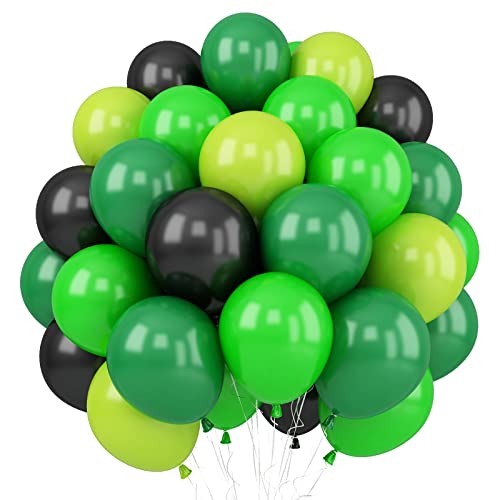 Luftballons Grün Schwarz, 60 Stück 12 Zoll Dunkelgrün Hellgrün Latex Helium Ballons mit Band für Kinder Männer Jungen Geburtstag, Gamer Deko, Sprots, Fußball Party Zubehör von AOLOA