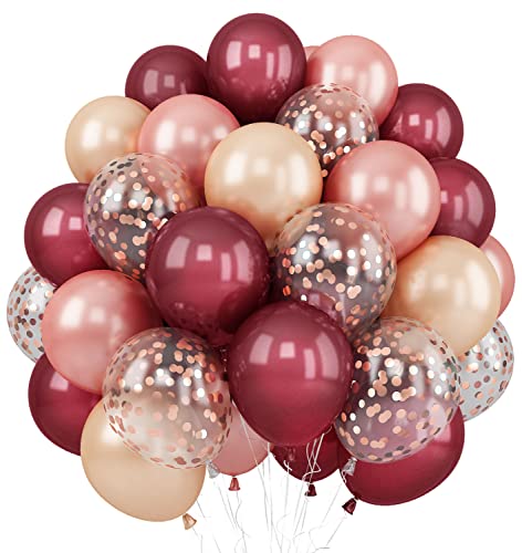 Luftballons Weinrot Rosegold, 60 Stück 12 Zoll Burgund Rosegold Champagner Ballons mit Konfetti Helium Ballons für Baby Shower Mädchen Frauen Geburtstag Party Hochzeit Babyparty Deko von AOLOA
