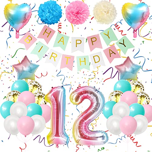 Regenbogen Geburtstag Deko Mädchen 12, Jahr 12 Geburtstagsdeko, Luftballon 12. Geburtstag Dekoration, Ballon 12. Zahl Partydekoration, Blau Rosa 12 Geburtstag Deko mit Happy Birthday Banner von AOLOA
