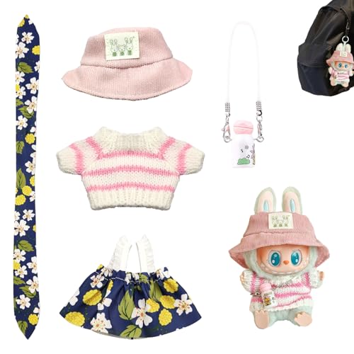 AOMAIGAD Labubu Plüsch Schlüsselanhänger Set,Labubu Plüschspielzeug mit Kleidung, Labubu Puppe Keychain, Geeignet für Schulranzen Dekoration Anhänger (Grün + 2 Kleidungsstücke) von AOMAIGAD