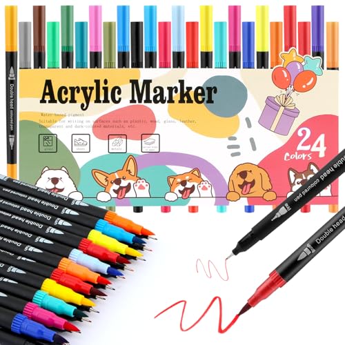 AOMEES 24 Farben Acrylstifte für Steine Wasserfest, Dual Tip Acrylic marker Acryl Stifte für Holz, Papier, Glas, Leinwand, Muscheln, Basteln Acrylic Paint Marker (24) von AOMEES