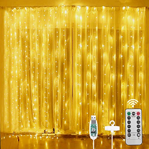 Aomig Lichtervorhang 3x3m,Vorhang Lichterketten USB-betriebene,LED Lichtervorhang mit10 Haken&Fernbedienung, 8Modi, IP65 Wasserdicht,Innen Weihnachten Deko,Hochzeit, Partydekoration-Warmweiß von Aomig